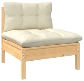 Canapea de gradina cu 3 locuri, cu perne crem, lemn masiv pin 1, maro si crem