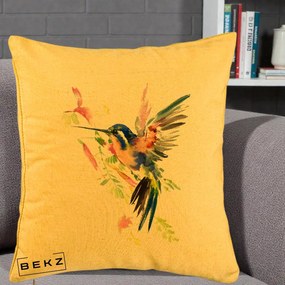 Perna Decorativa Colibri Acuarela, 40x40 cm, Galben, Husa Detasabila, Perna Inclusa, BEKZ®