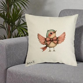 Perna Decorativa Pasare Roz cu Aripi si Fundita, 40x40 cm, Ecru, Husa Detasabila, Perna Inclusa, BEKZ®