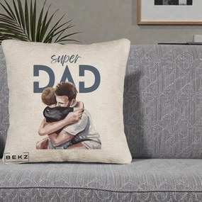 Cadou pentru Tata - Perna Personalizata Super Dad Tata si Fiu Imbratisare, 40x40 cm, Bej Canapea, Husa Detasabila, Perna Inclusa, BEKZ®