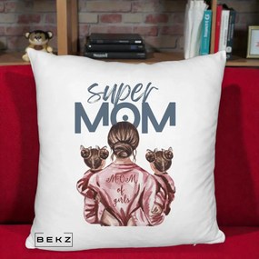 Cadou pentru Mama - Perna Personalizata Super Mom of Girls Mama cu Gemene, 40x40 cm, Alb Pufos, Husa Detasabila, Perna Inclusa, BEKZ®