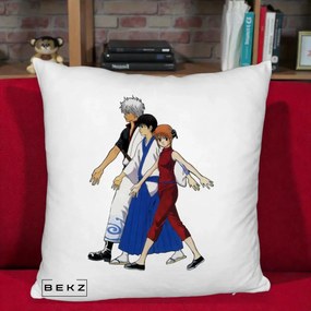 Perna Personalizata Gintama Trio Gintoki Shinpachi Kagura, 40x40 cm, Alb Pufos, Husa Detasabila, Perna Inclusa, BEKZ®