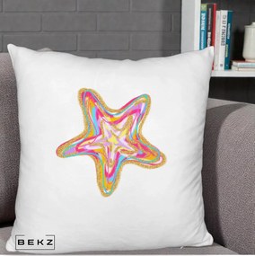 Perna Decorativa Stea de Mare Neon Curcubeu, 40x40 cm, Alb Pufos, Husa Detasabila, Perna Inclusa, BEKZ®
