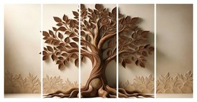 Tablou 5-piese arborele vieții maro cu efect 3D