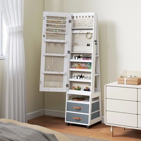 HOMCOM Oglindă Dulap pentru Bijuterii cu LED Interior Roți Pivotant 360° Rafturi Deschise Sertare din Material Textil Alb | Aosom Romania