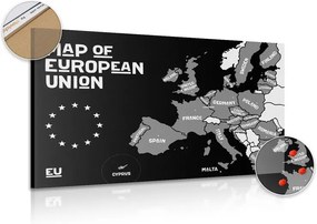 Tablou pe plută harta educațională cu denumirile țărilor uniunii europene în design alb-negru