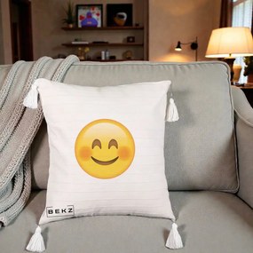 Perna Decorativa Emoji Fericit Roscat, 40x40 cm, Bej cu Franjuri, Husa Detasabila, Perna Inclusa, BEKZ®