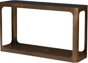 Consolă metalică cu raft din sticlă, formă rotunjită, finisaj auriu antichizat, 76x40x130 cm, „Lexton"