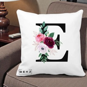 Cadou Personalizat - Perna Personalizata Monograma Florala Litera E, 40x40 cm, Alba Mata, Husa Detasabila, Perna Inclusa, BEKZ®
