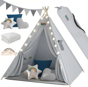 Cort tip teepee pentru copii JULIUS, 120x120x160cm, gri/albastru Spielwerk
