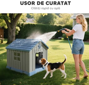 PawHut Căsuță pentru Câini din Plastic pentru Exterior, Impermeabilă, pentru Câini de Talie Medie cu Bază Ridicată, Ferestre și Acoperiș pentru Grădină, Patio, Terasă, Casă și Interior, 85x79x82 cm, Gri | Aosom Romania