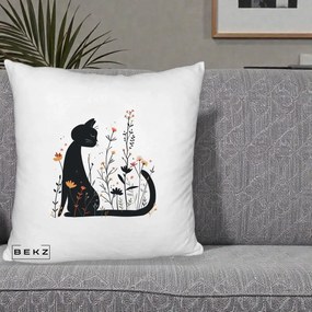 Perna Decorativa Pisica Neagra Flori Portocalii Silueta, 40x40 cm, Alb Pufos, Husa Detasabila, Perna Inclusa, BEKZ®