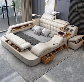 MOBLUX03 Luxury 180x200 cm Beige Left Chaise – Pat Inteligent Premium cu Proiector, Vibromasaj, Boxe Bluetooth, Încărcare Wireless și Spații Multiple de Depozitare