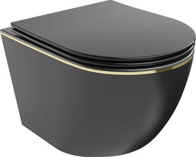 Mexen Lena vas WC rimless cu capac cu închidere lentă slim, duroplast, negru mat/linie aurie - 30224075
