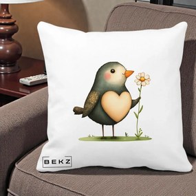 Perna Decorativa Pasare cu Inima si Margareta, 40x40 cm, Alba Mata, Husa Detasabila, Perna Inclusa, BEKZ®