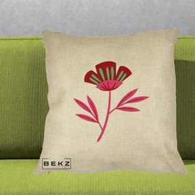 Perna Decorativa Floare Macul Roz-Rosu Grafic, 40x40 cm, Crem, Husa Detasabila, Perna Inclusa, BEKZ®