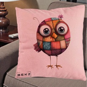 Perna Decorativa Pasare Patchwork Roz cu Floare, 40x40 cm, Roz, Husa Detasabila, Perna Inclusa, BEKZ®