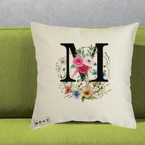Cadou Personalizat - Perna Personalizata Monogram Litera M cu Flori Acuarela, 40x40 cm, Ecru, Husa Detasabila, Perna Inclusa, BEKZ®