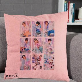 Perna Personalizata K-pop BTS Colaj 9 Fotografii Autografe Individual, 40x40 cm, Roz, Husa Detasabila, Perna Inclusa, BEKZ®