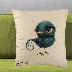 Perna Decorativa Pasare Teal cu Motive Aurii si Coada Spiralata, 40x40 cm, Bej, Husa Detasabila, Perna Inclusa, BEKZ®