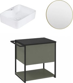 Set dulap baza suspendat Krofam Lov verde-negru 60 cm blat negru cu lavoar 49x38 cm si oglinda cu rama aurie
