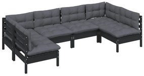 Set mobilier gradina cu perne, 6 piese, negru, lemn masiv pin Negru, 1