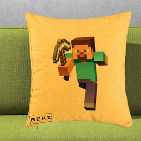 Perna Personalizata Minecraft Steve, 40x40 cm, Galben, Husa Detasabila, Perna Inclusa, BEKZ®