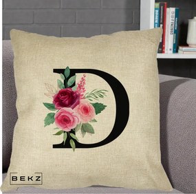 Cadou Personalizat - Perna Personalizata Monograma Florala Litera D, 40x40 cm, Crem, Husa Detasabila, Perna Inclusa, BEKZ®
