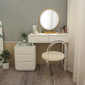 Set Alisa, Masă de toaletă pentru machiaj cu oglindă iluminată LED, control touch, 5 sertare, comoda, scaun, Difuzor Bluetooth, zona încărcare fără fir, Alb