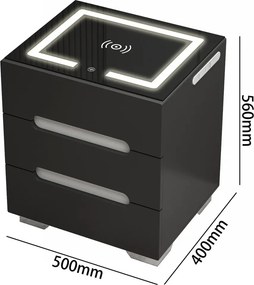 RESIGILAT- Noptieră inteligentă multifuncțională, 3 sertare, iluminare LED-uri Touch, 3 tipuri de culoare, încărcare fără fir, incarcare USB, sticla securizata, Negru