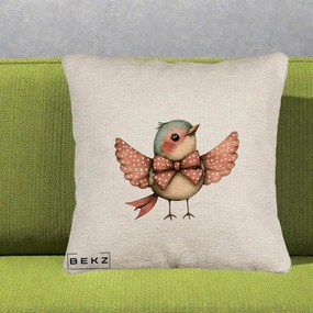 Perna Decorativa Pasare Roz cu Aripi si Fundita, 40x40 cm, Bej Canapea, Husa Detasabila, Perna Inclusa, BEKZ®