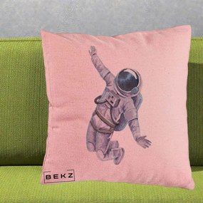Perna Decorativa Astronaut Acuarela Zbor, 40x40 cm, Roz, Husa Detasabila, Perna Inclusa, BEKZ®