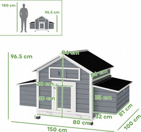 PawHut Coteț din Lemn cu 2 Cuiburi, Coteț Exterior pentru Găini cu Acoperiș Rezistent la Apă, Tavă Detașabilă și Prăjini, Adăpost pentru 2-4 Găini, Rațe, Grădină, 150x100x96,5 cm, Gri | Aosom Romania