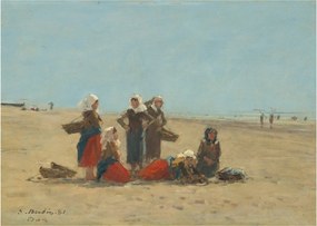 Tablou pe sticlă - Eugène Boudin, Women on the Beach at Berck, reproducere (70x50 cm)