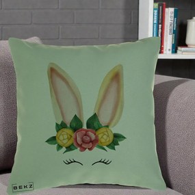 Perna Decorativa Iepuras Flori Urechi Pastelui, 40x40 cm, Verde, Husa Detasabila, Perna Inclusa, BEKZ®