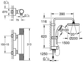 Coloana cabina dus termostat Grohe Grohtherm Performance, palarie 200mm, para de mana 3 tipuri de jet( 34776000,27389002)