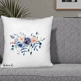 Perna Decorativa Buchet Flori Albastre Acuarela, 40x40 cm, Alb Pufos, Husa Detasabila, Perna Inclusa, BEKZ®