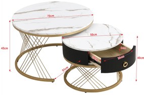Set de 2 Măsuțe de Cafea Moderne Modulare din Marmură Sintetică cu Detalii Aurii și Sertare, Dimensiuni 70x70x45 cm și 50x50x40 cm, Alb