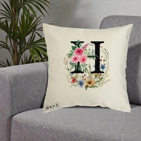 Cadou Personalizat - Perna Personalizata Monogram Litera H cu Flori Acuarela, 40x40 cm, Ecru, Husa Detasabila, Perna Inclusa, BEKZ®