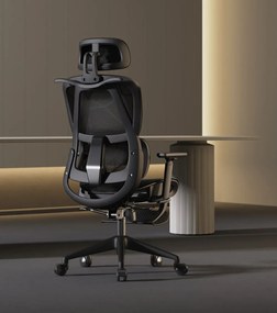 Scaun ergonomic, functie translatie sezut, cotiere reglabile 3D, tetiera 3D, suport lombar 3D Adaptive, pivotant, suport picioare, Negru