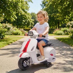 AIYAPLAY Motocicletă Electrică pentru Copii cu Licență Vespa, Baterie Reîncărcabilă 6V, Roți Ajutătoare și Lumini, 2-4 Ani, Albă | Aosom Romania