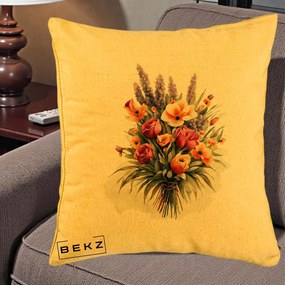 Perna Decorativa Buchet Mixt Acuarela Lavanda-Trandafiri, 40x40 cm, Galben, Husa Detasabila, Perna Inclusa, BEKZ®