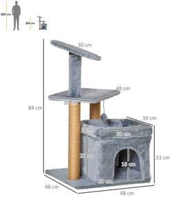 Arbore de zgariat pentru Pisici cu Stalpi din Franghie de Iuta, Casuta si Perna pentru Pisici, Husa din Plus, Gri 48x48x84cm PawHut | Aosom RO