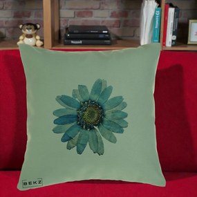 Perna Decorativa Floare Margareta Albastra Acuarela, 40x40 cm, Verde, Husa Detasabila, Perna Inclusa, BEKZ®