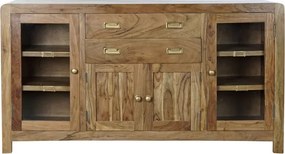 Bufet din lemn de acacia în stil campaign, natur, cu 2 uși vitrate, 2 uși cu panouri, 2 sertare și mânere încastrate, lungime 150 cm, „Amara”