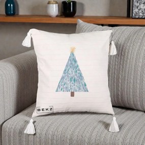 Perna Decorativa Brad de Craciun Acrilic Albastru, 40x40 cm, Bej cu Franjuri, Husa Detasabila, Perna Inclusa, BEKZ®