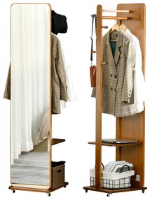 HOMCOM Oglinda de Podea cu Rafturi si Cuier Suspendat din MDF/Sticla Oglinda si Dulap Stabil , 40x44.5x170 cm, Nuc