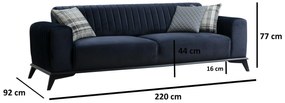 Canapea extensibila cu 3 Locuri Lisa, Albastru Marin, 220 x 92 x 77 cm