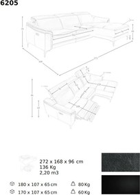 Coltar LUX design italian cu sezlong dreapta si functia relax Cowhide negru