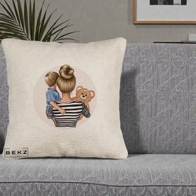 Cadou pentru Mama - Perna Personalizata Mama si Baietelul cu Ursulet, 40x40 cm, Bej Canapea, Husa Detasabila, Perna Inclusa, BEKZ®